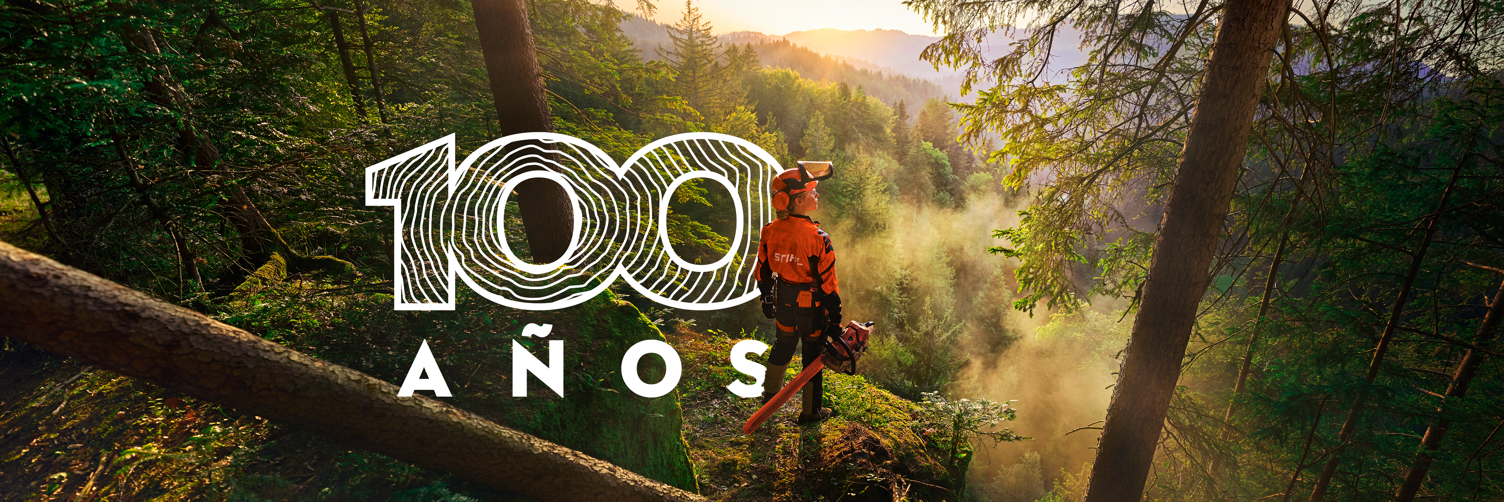 Una mujer está de pie al borde de un acantilado en un bosque verde y frondoso. Lleva ropa de trabajo naranja de STIHL, los auriculares ADVANCE ProCom y sostiene una motosierra STIHL MS.