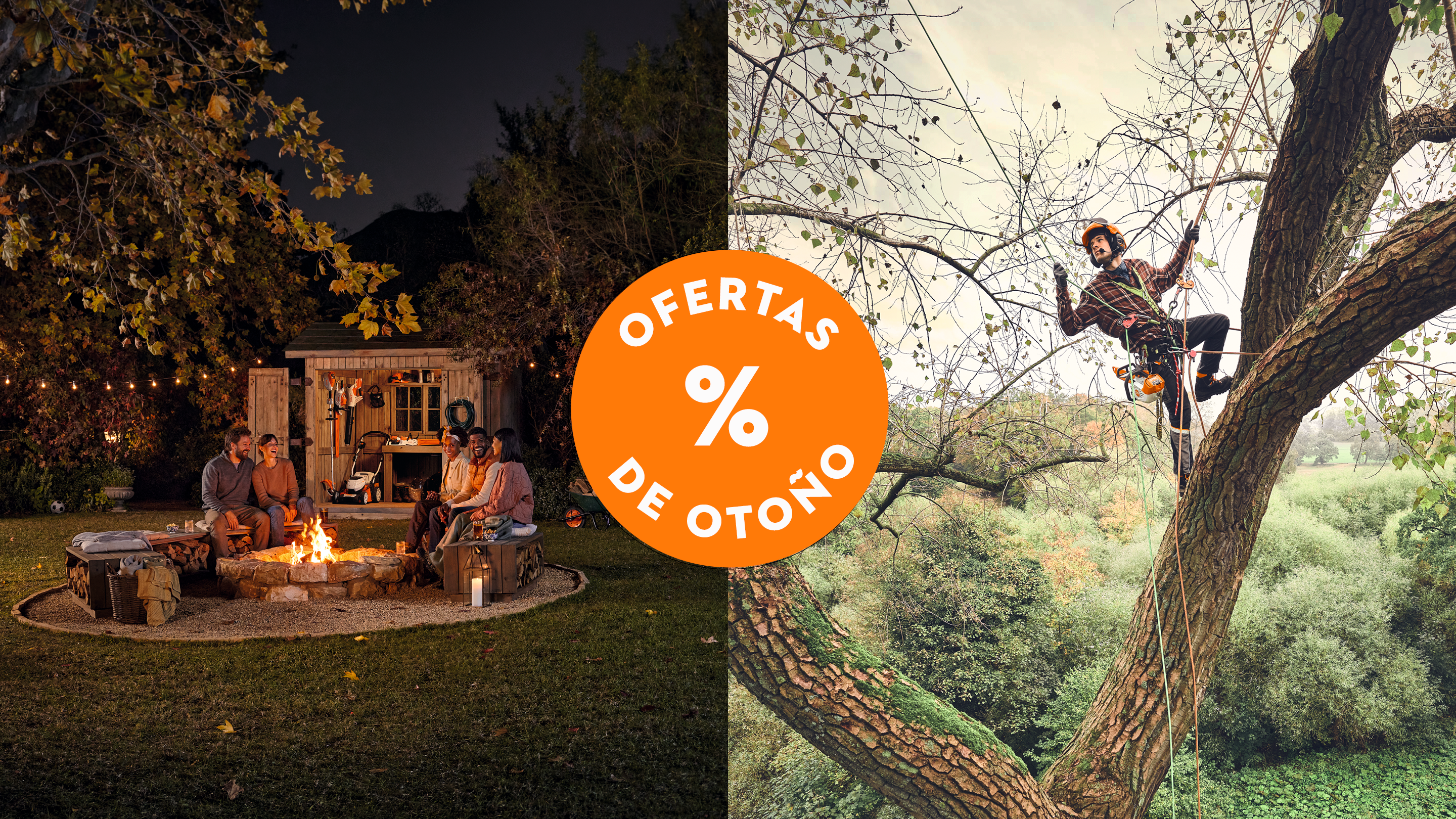 Collage de imágenes. Lado izquierdo grupo de persona junto al fuego y lado derecho hombre en árbol podando